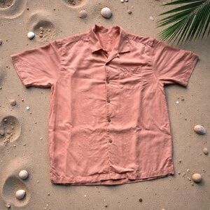 Tommy Bahama silk camp shirt Bright Peach short sleeve button up Jacquard| large